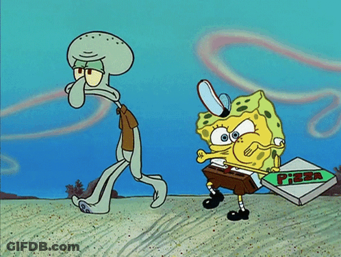 A Cartoon Of Spongebob And Squidward Carrying A Box Of Pizza GIF