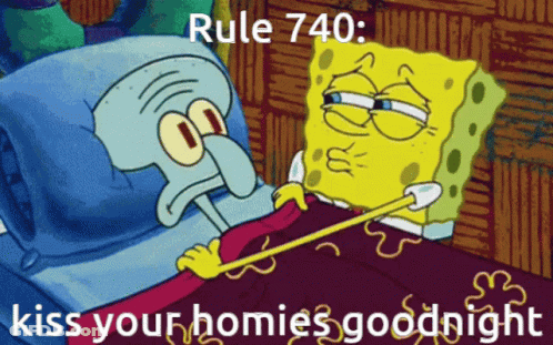 A Cartoon Of Spongebob And Squidward Laying In Bed With The Words Rule 740 Kiss Your Homies Goodnight GIF