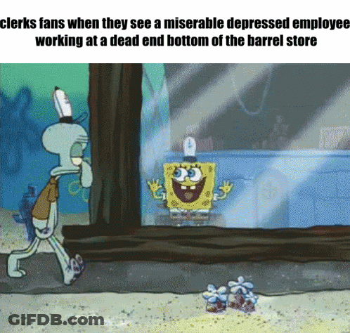 A Cartoon Of Spongebob And Squidward Looking Out A Window At A Depressed Employee GIF