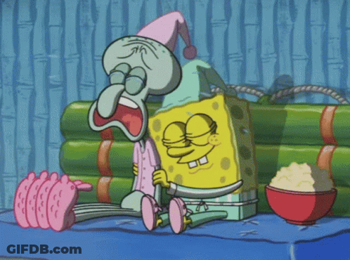 A Cartoon Of Spongebob And Squidward Sitting Next To Each Other On A Table GIF