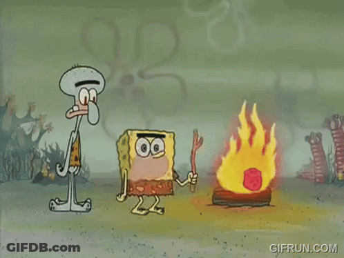 A Cartoon Of Spongebob And Squidward Standing Next To A Fire With Gifrun.com At The Bottom GIF