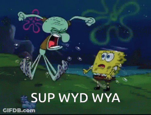 A Cartoon Of Spongebob And Squidward With The Caption " Sup Wyd Wya " GIF