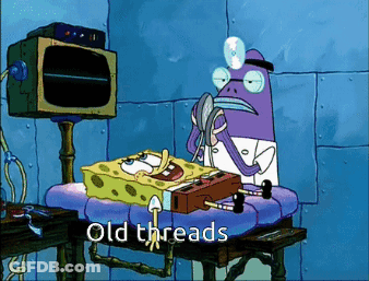 A Cartoon Of Spongebob Being Examined By A Doctor With The Words Old Threads Above Him GIF