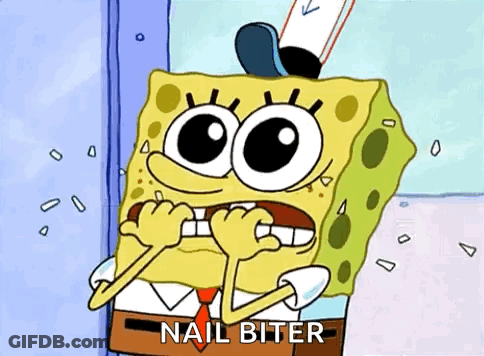 A Cartoon Of Spongebob Brushing His Teeth With The Words Nail Biter Above Him . GIF