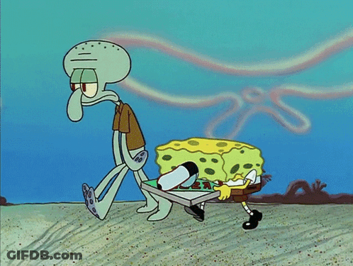 A Cartoon Of Spongebob Carrying A Box Of Pizza And Squidward Carrying A Surfboard GIF