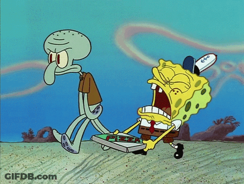 A Cartoon Of Spongebob Carrying A Pizza Box Next To Squidward GIF