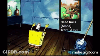 A Cartoon Of Spongebob Cleaning The Floor With A Mop And Dead Rails Alpha On The Wall Behind Him GIF