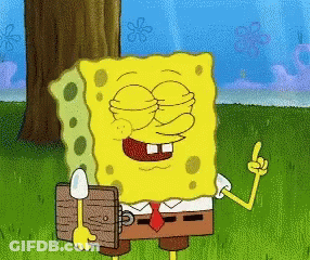 A Cartoon Of Spongebob Covering His Eyes While Holding A Wooden Plank GIF
