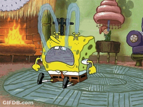 A Cartoon Of Spongebob Crying With Tears Running Down His Face GIF