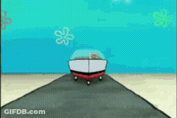 A Cartoon Of Spongebob Driving A Boat On A Road . GIF