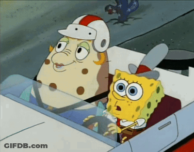 A Cartoon Of Spongebob Driving A Car Next To A Potato Wearing A Helmet GIF