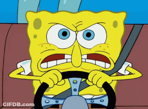 A Cartoon Of Spongebob Driving A Car With A Very Angry Look On His Face GIF