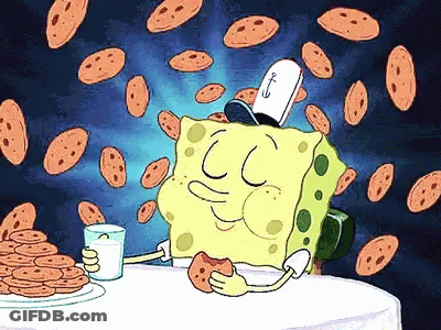 A Cartoon Of Spongebob Eating A Cookie And Drinking Milk Surrounded By Cookies GIF