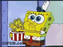 A Cartoon Of Spongebob Eating French Fries From A Bucket GIF