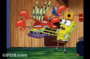 A Cartoon Of Spongebob Fighting A Crab With A Rubber Band GIF