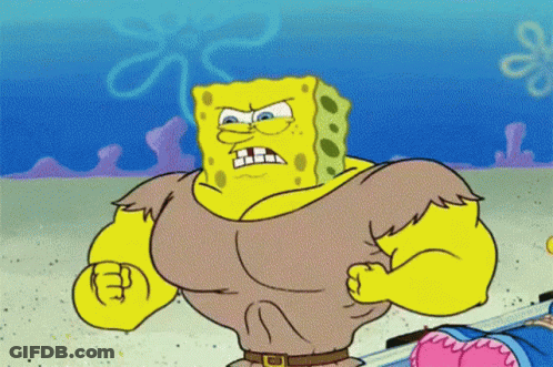 A Cartoon Of Spongebob Flexing His Muscles With An Angry Expression GIF