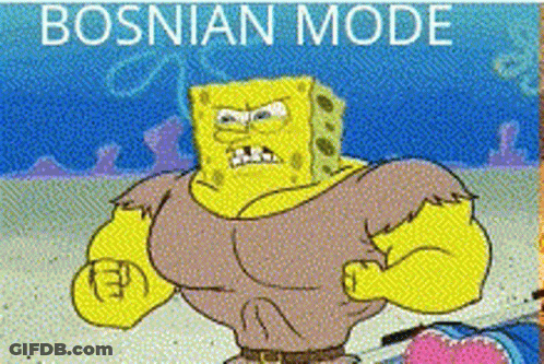 A Cartoon Of Spongebob Flexing His Muscles With The Words Bosnian Mode Written Above Him GIF