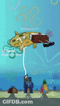 A Cartoon Of Spongebob Floating In The Air With A Balloon GIF