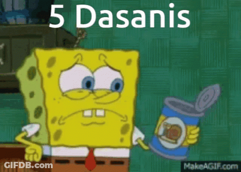 A Cartoon Of Spongebob Holding A Can Of Food With The Words 5 Dasanis Above Him GIF