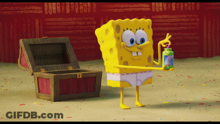 A Cartoon Of Spongebob Holding A Can Of Soda In Front Of A Treasure Chest GIF