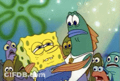 A Cartoon Of Spongebob Holding A Fish Surrounded By Other Fish GIF