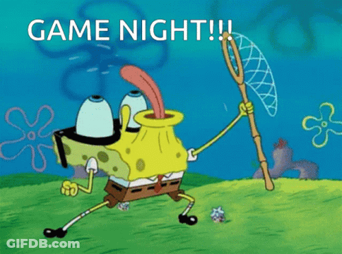 A Cartoon Of Spongebob Holding A Fishing Net With The Words Game Night Below Him GIF