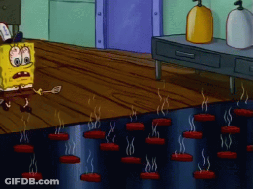 A Cartoon Of Spongebob Holding A Fork Standing In Front Of A Bunch Of Hot Dogs GIF