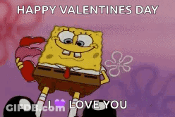 A Cartoon Of Spongebob Holding A Heart And Saying Happy Valentine 'S Day GIF