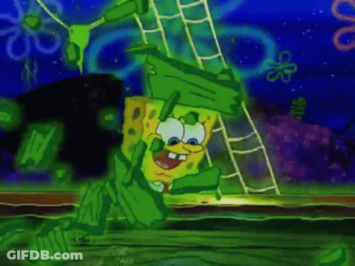 A Cartoon Of Spongebob Holding A Ladder With A Green Background GIF