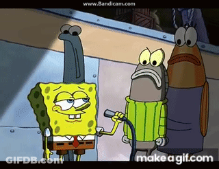 A Cartoon Of Spongebob Holding A Microphone While Standing Next To A Fish . GIF