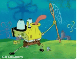 A Cartoon Of Spongebob Holding A Net With His Tongue Out GIF