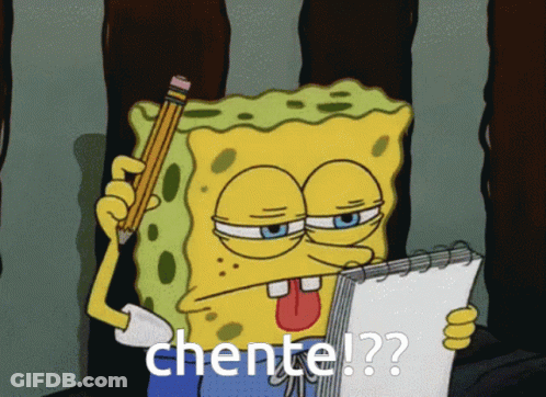 A Cartoon Of Spongebob Holding A Pencil And A Piece Of Paper With The Word Chente Written On It GIF
