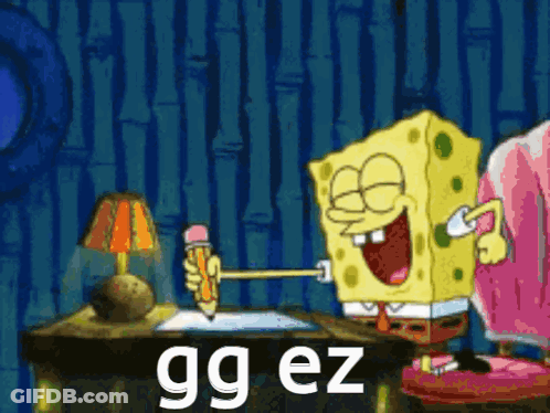 A Cartoon Of Spongebob Holding A Pencil And Writing On A Piece Of Paper With The Words Gg Ez On The Bottom GIF