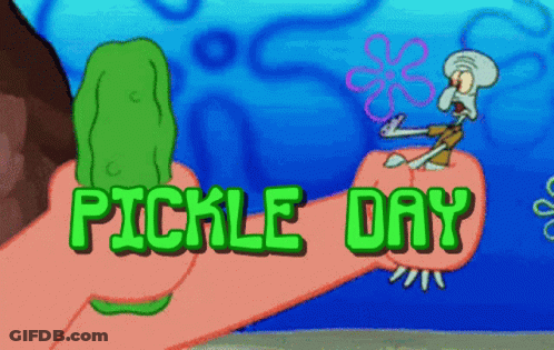 A Cartoon Of Spongebob Holding A Pickle And The Words Pickle Day GIF