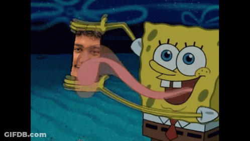 A Cartoon Of Spongebob Holding A Picture Of A Man With His Tongue Out GIF