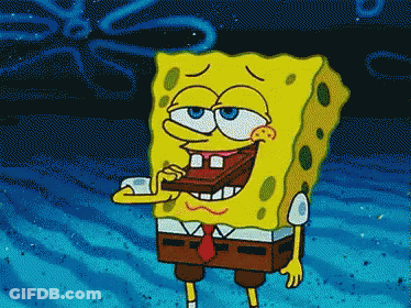 A Cartoon Of Spongebob Holding A Piece Of Chocolate In His Mouth GIF
