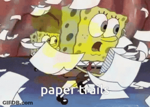 A Cartoon Of Spongebob Holding A Piece Of Paper With The Words Paper Trails Written On It GIF