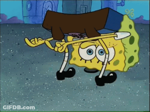 A Cartoon Of Spongebob Holding A Piece Of Wood In His Mouth GIF