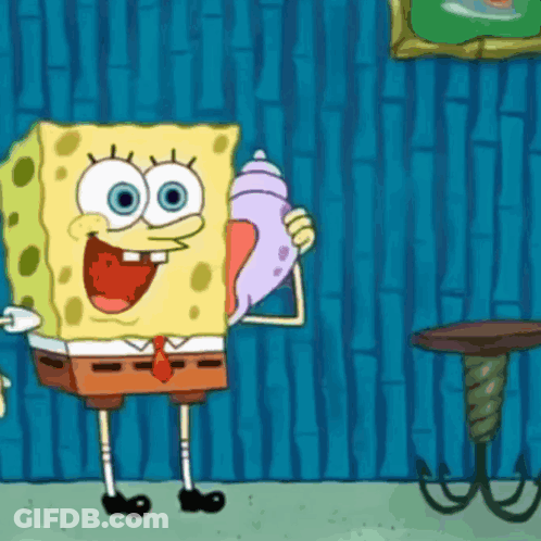 A Cartoon Of Spongebob Holding A Purple Seashell GIF