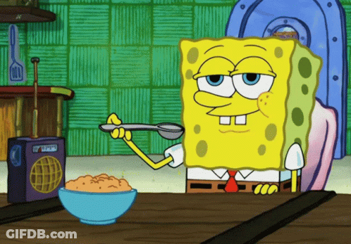 A Cartoon Of Spongebob Holding A Spoon Next To A Bowl Of Food GIF