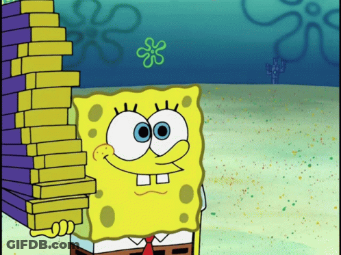 A Cartoon Of Spongebob Holding A Stack Of Purple Blocks GIF