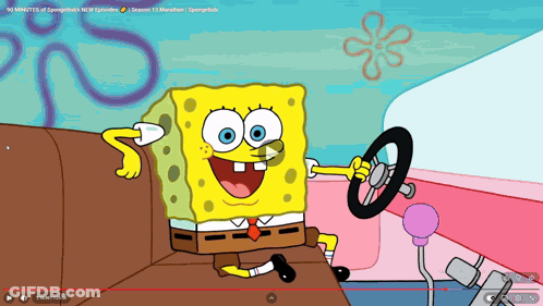 A Cartoon Of Spongebob Holding A Steering Wheel Is On A Screen GIF