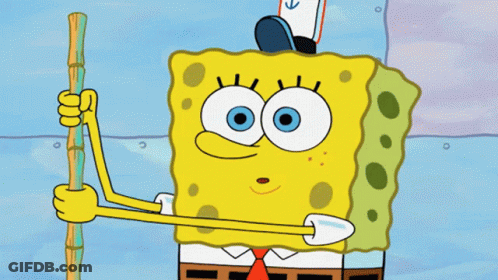 A Cartoon Of Spongebob Holding A Stick In His Right Hand GIF