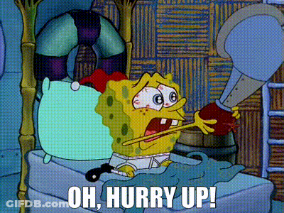 A Cartoon Of Spongebob Holding A Sword And Saying Oh , Hurry Up GIF