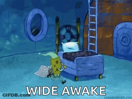 A Cartoon Of Spongebob In A Bed With The Words " Wide Awake " Written Below Him GIF