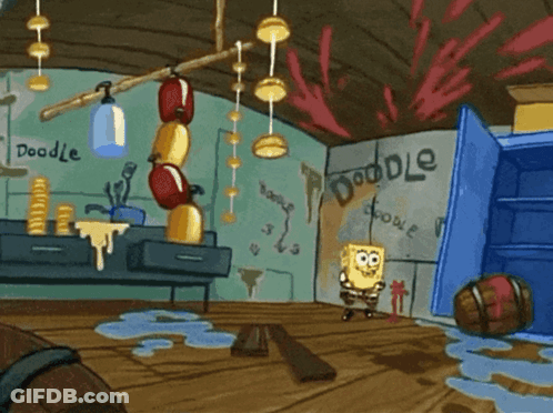 A Cartoon Of Spongebob In A Room With A Sign That Says Doodle GIF