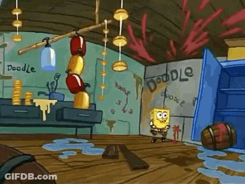 A Cartoon Of Spongebob In A Room With The Word Doodle On The Wall GIF