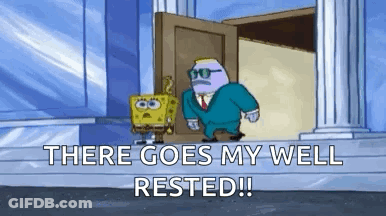 A Cartoon Of Spongebob In A Suit Standing In Front Of A Door . GIF