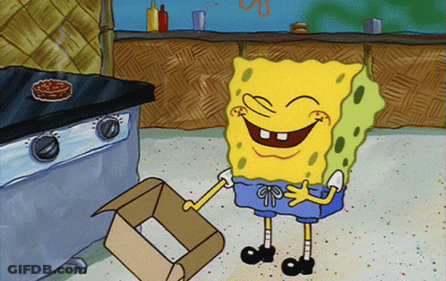 A Cartoon Of Spongebob Laughing While Holding A Box GIF
