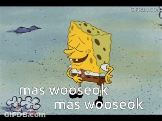 A Cartoon Of Spongebob Laughing With The Words Mas Wooseok GIF